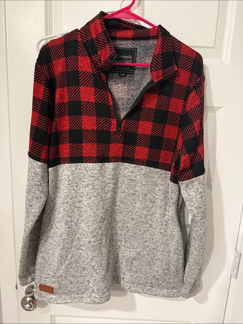 Simply Southern Men's Red Black Buffalo Plaid Quarter-Zip Pullover XL unisex